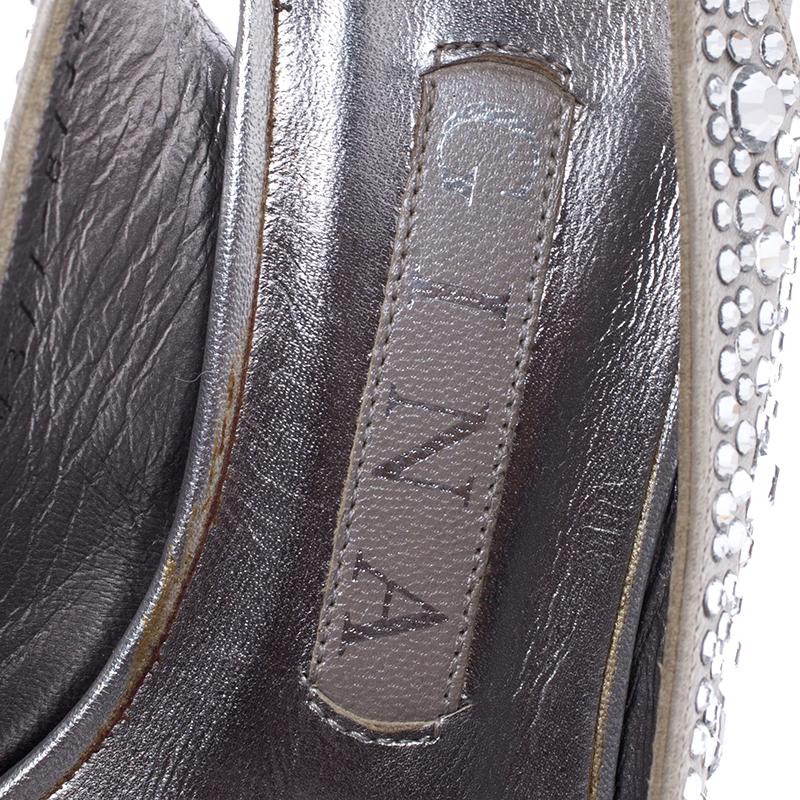 Gina Silver Satin Crystal Embellished Peep Toe Platform Slingback Sandals 36 3