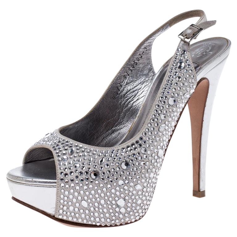 Gina Silver Satin Crystal Embellished Peep Toe Platform Slingback Sandals 36