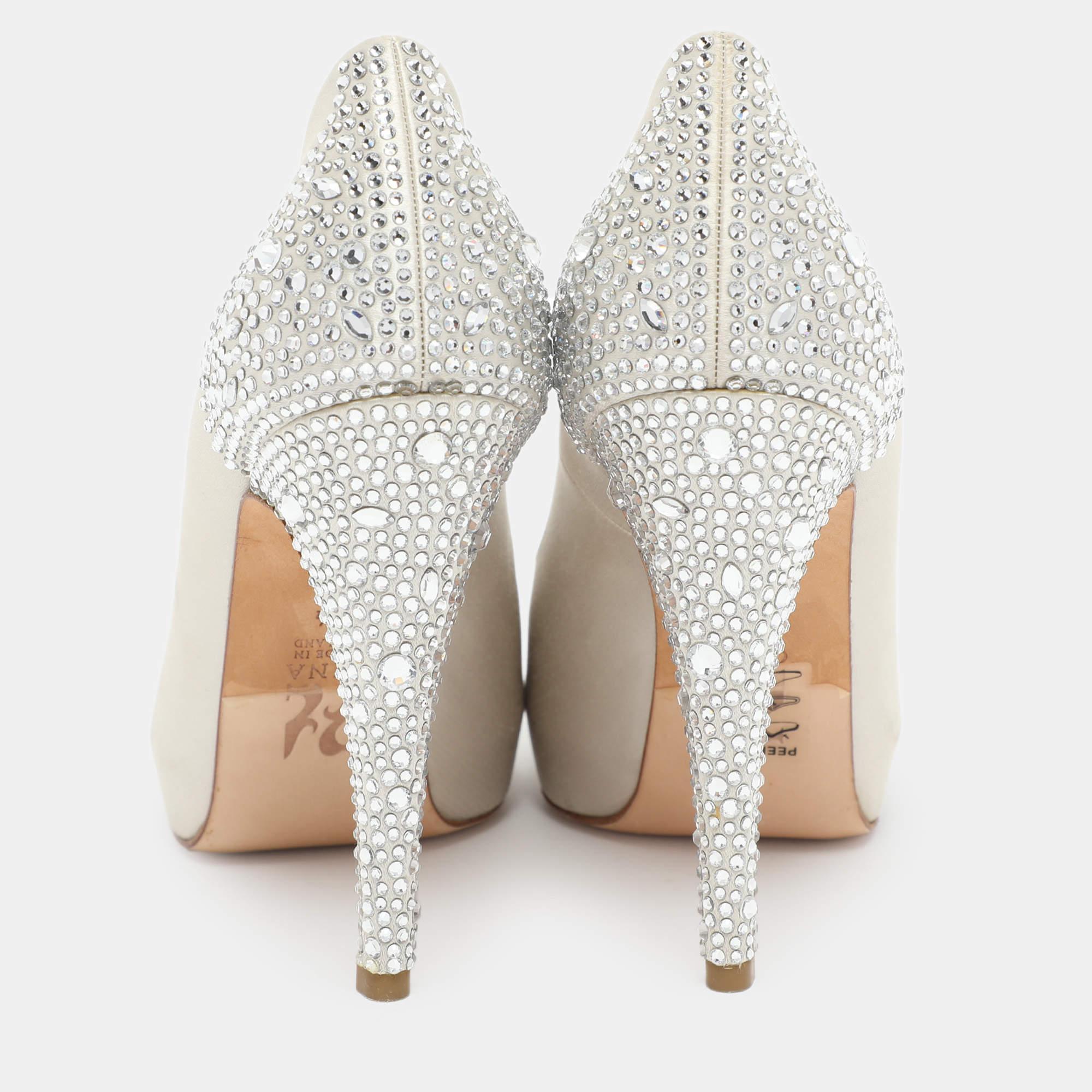 Donna Gina Silver Satin Crystal Embellished Peep Toe Pumps Taglia 38.5