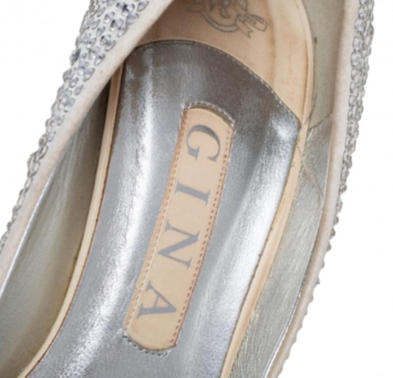 Gina Silver Satin Crystal Embellished Platform Pumps Size 38 1