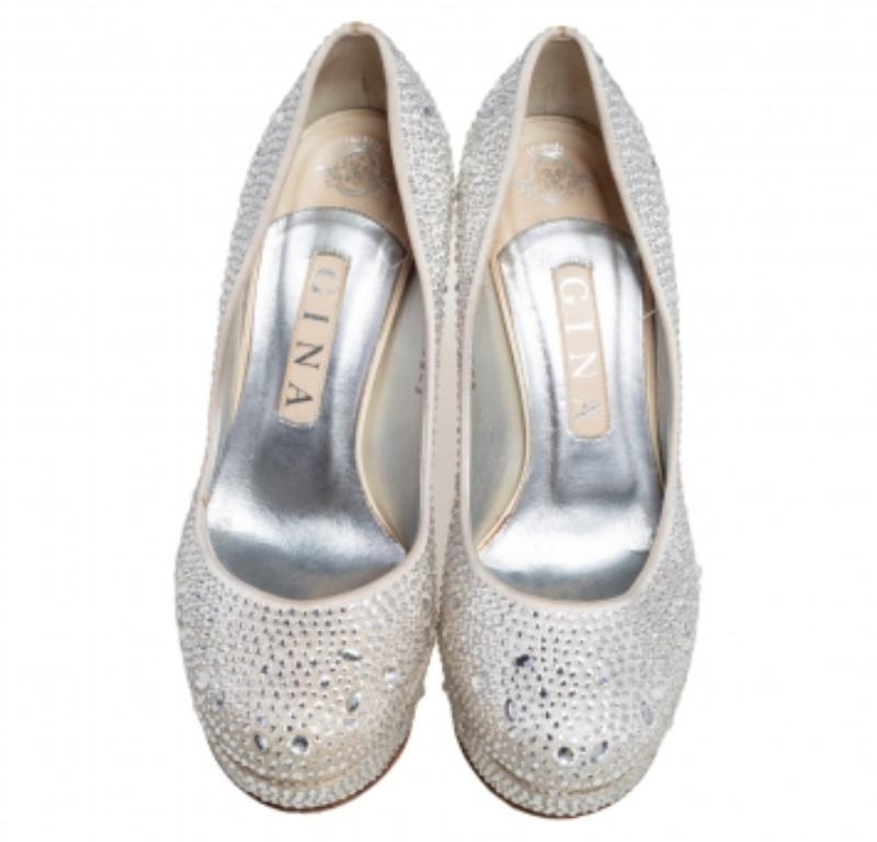 Gina Silver Satin Crystal Embellished Platform Pumps Size 38 2