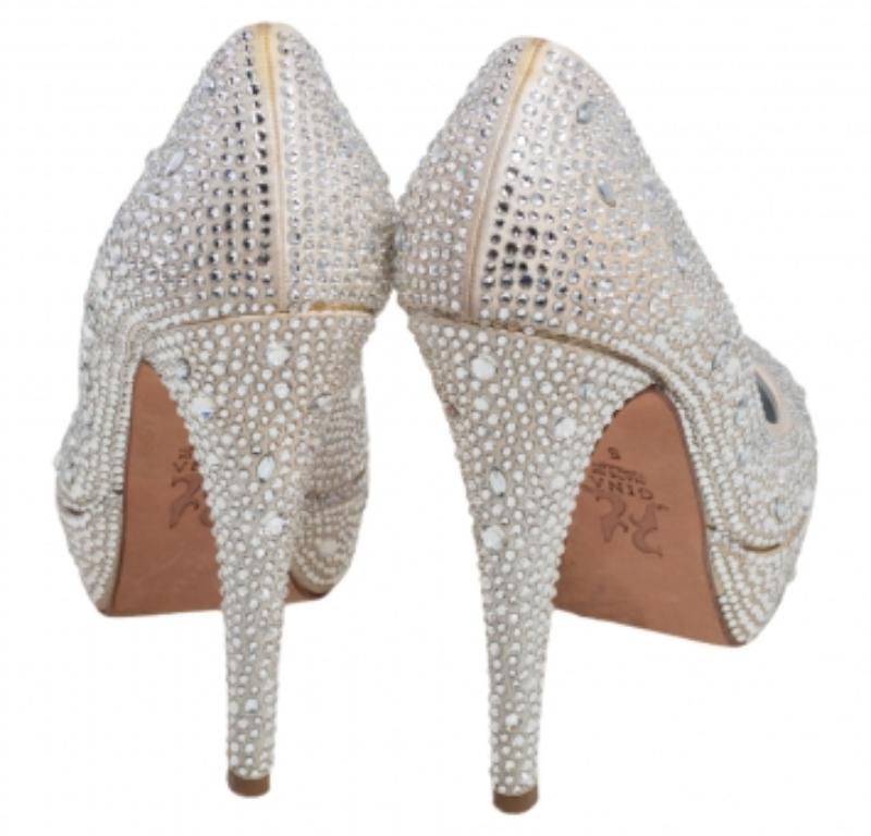 Gina Silver Satin Crystal Embellished Platform Pumps Size 38 4