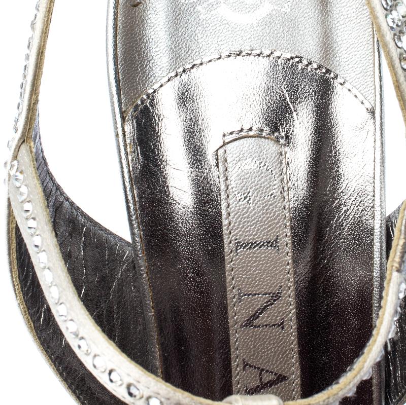 Gray Gina Sliver Crystal Embellished Satin T Strap Platform Sandals Size 40