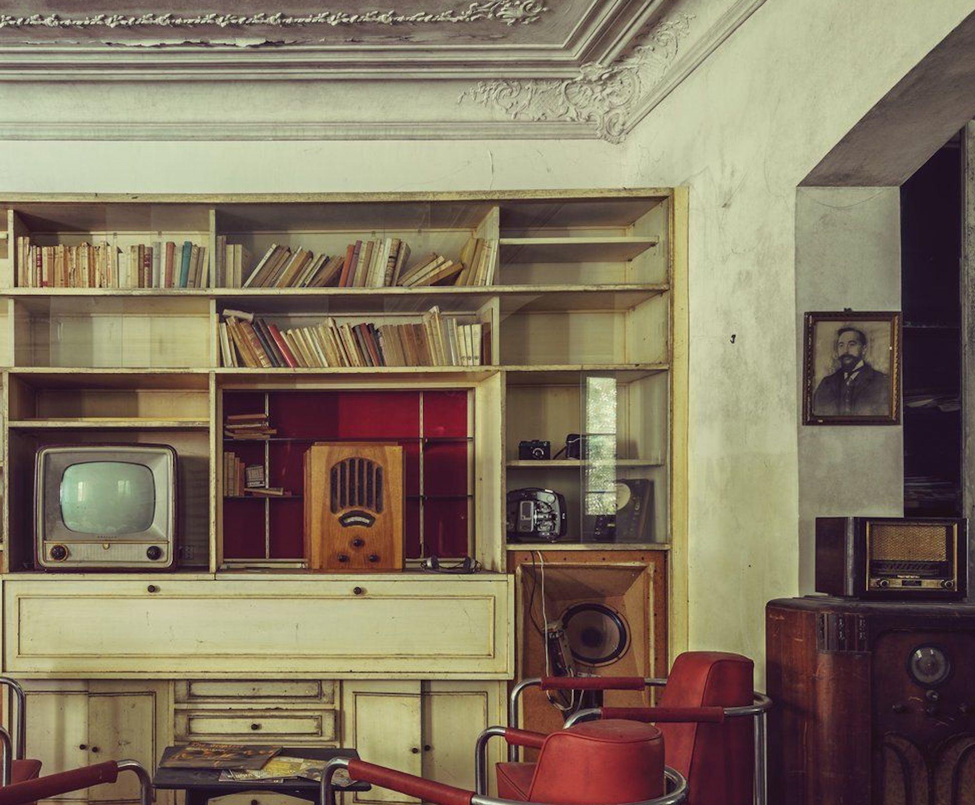 Radios in Lounge by Gina Soden - Abandoned place, urbex photography, red chairs For Sale 3