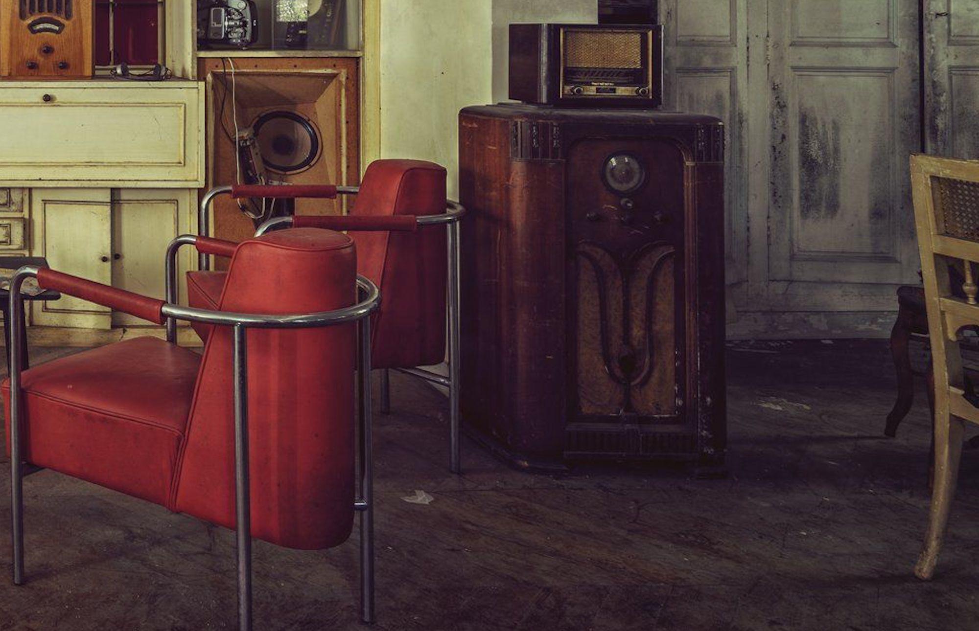 Radios in Lounge by Gina Soden - Abandoned place, urbex photography, red chairs For Sale 4