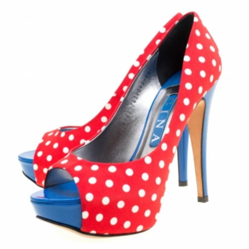 Rouge Gina, escarpins à bout ouvert en toile à pois tricolores, taille 37,5 en vente