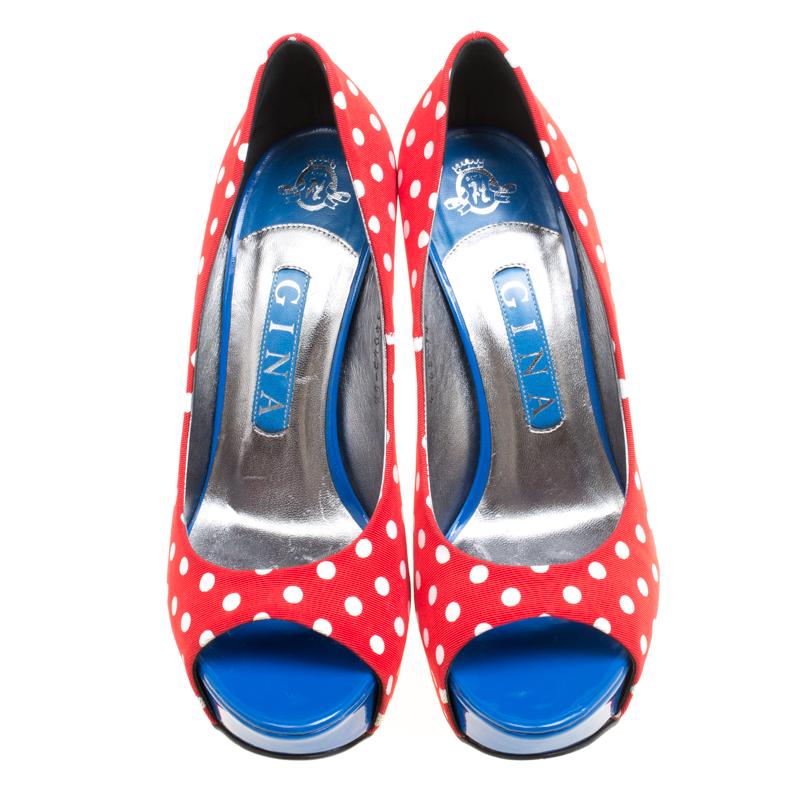 Red Gina Tricolor Polka Dot Print Canvas Peep Toe Platform Pumps Size 37.5 For Sale