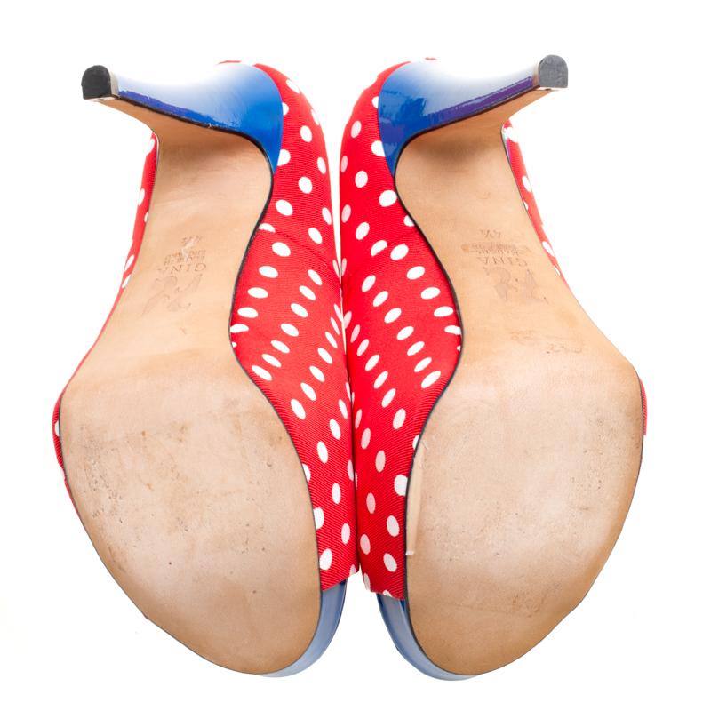 Gina Tricolor Polka Dot Print Canvas Peep Toe Platform Pumps Size 37.5 3