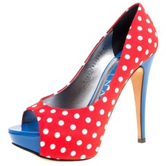 Gina Tricolor Polka Dot Print Canvas Peep Toe Platform Pumps Size 37.5