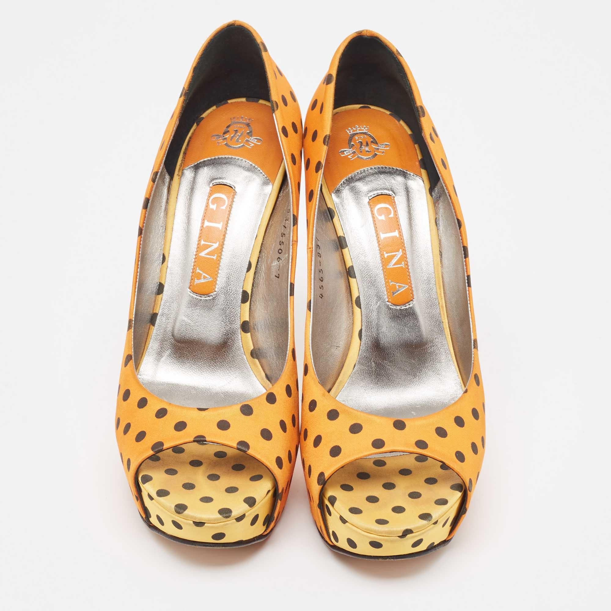 Orange Gina Tricolor Polka Dot Print Satin Peep Toe Platform Pumps Size 40 For Sale
