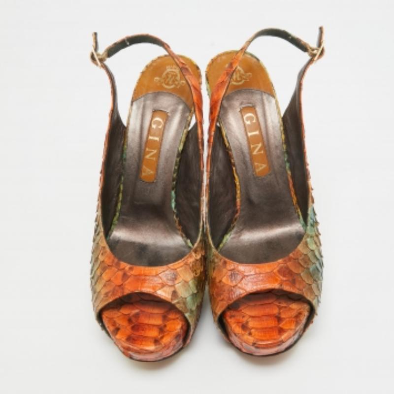 Brown Gina Tricolor Python Open Toe Platform Slingback Pumps Size 40.5 For Sale