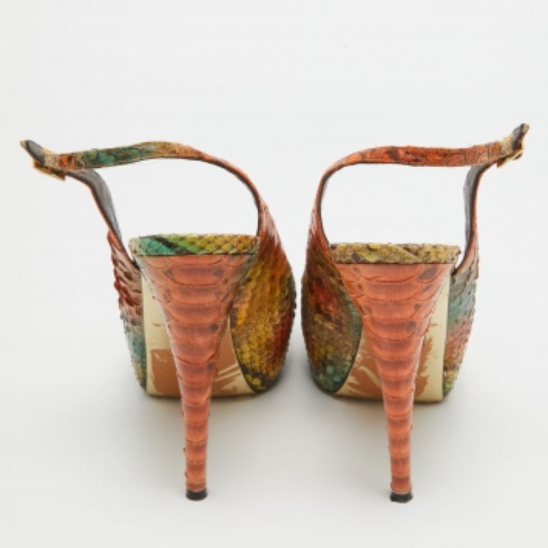 Gina Tricolor Python Open Toe Platform Slingback Pumps Size 40.5 For Sale 1