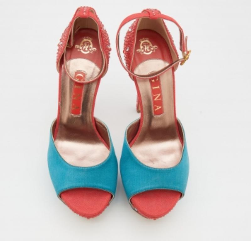 Rose Gina Turquoise/Rouge Satin & Canvas Crystal Platform Ankle Strap Sandals Size 39 en vente