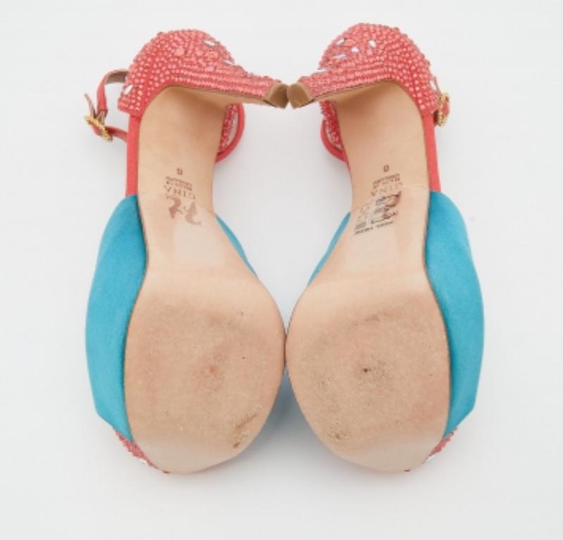 Gina Turquoise/Rouge Satin & Canvas Crystal Platform Ankle Strap Sandals Size 39 en vente 2