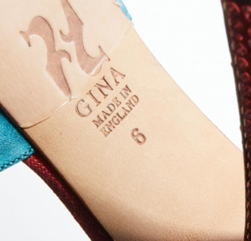 Gina Turquoise/Rouge Satin & Canvas Crystal Platform Ankle Strap Sandals Size 39 en vente 3