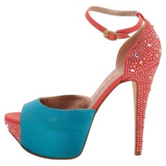 Gina Turquoise/Rouge Satin & Canvas Crystal Platform Ankle Strap Sandals Size 39