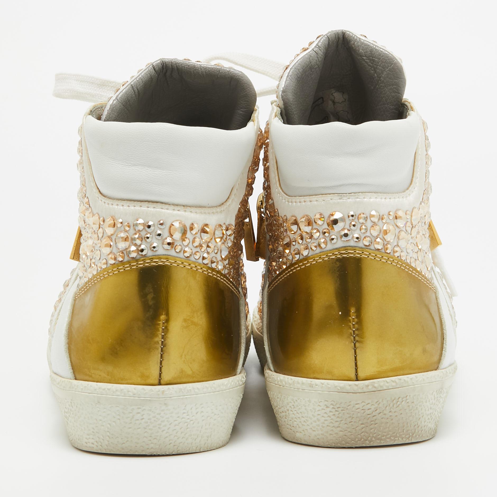 Gina White/Gold Leather Strass Embellished High Top Sneakers Size 39 For Sale 1