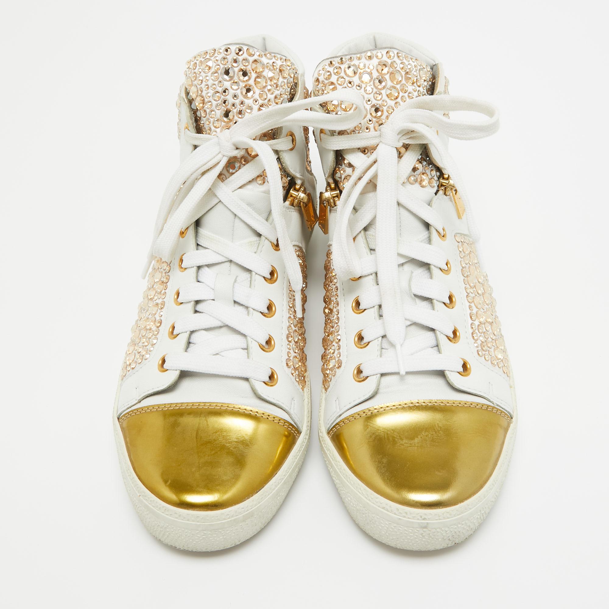 Gina White/Gold Leather Strass Embellished High Top Sneakers Size 39 For Sale 3