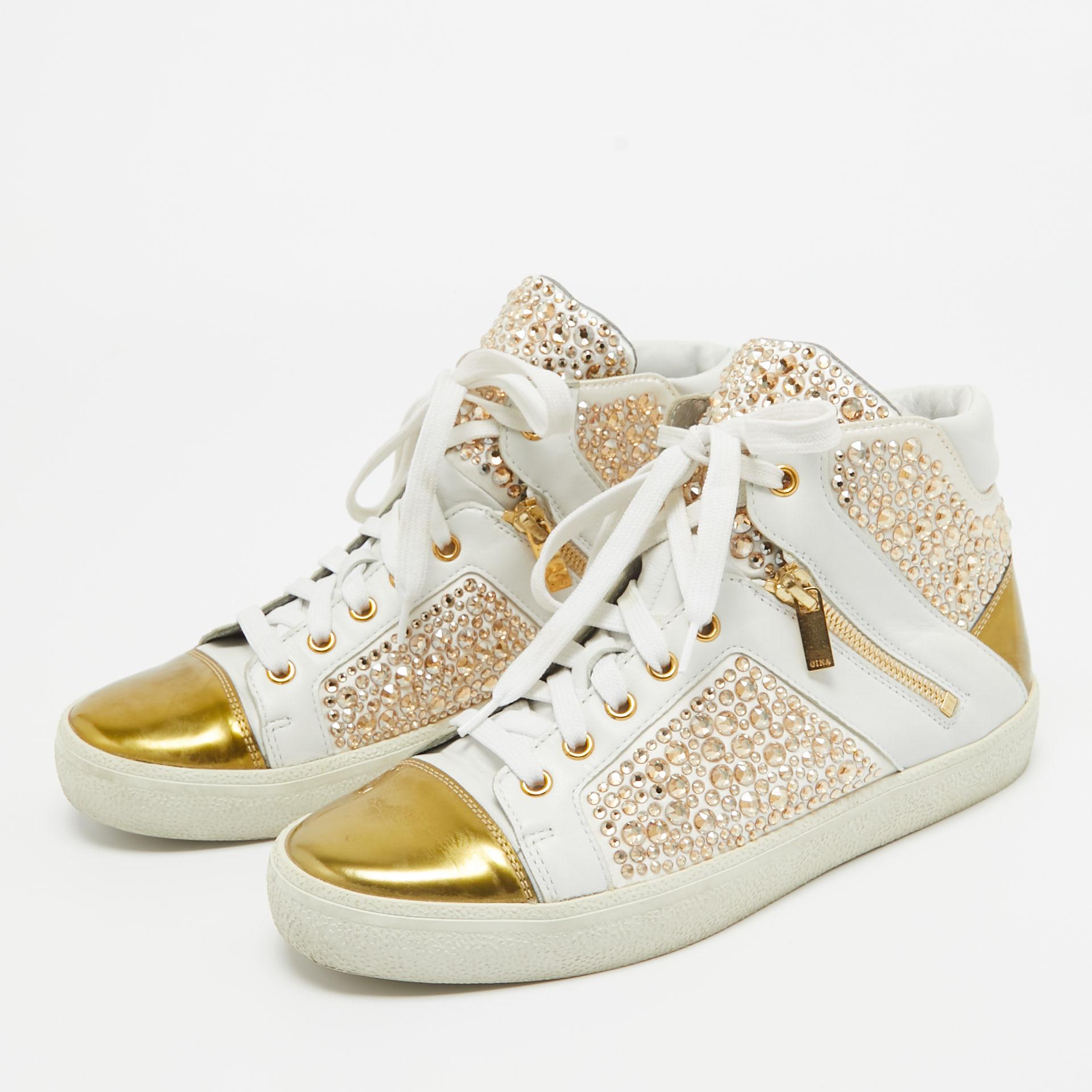 Gina White/Gold Leather Strass Embellished High Top Sneakers Size 39 For Sale 4