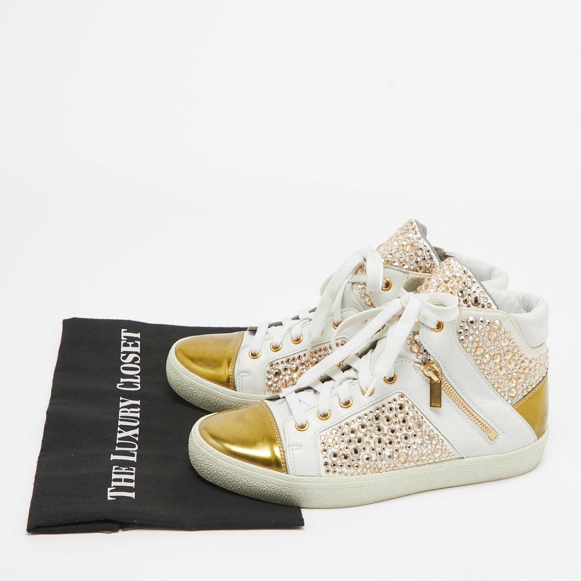 Gina White/Gold Leather Strass Embellished High Top Sneakers Size 39 For Sale 5