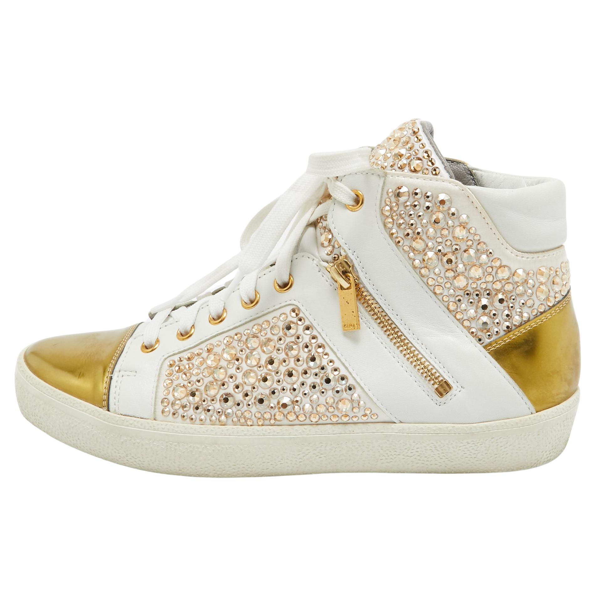 Gina White/Gold Leather Strass Embellished High Top Sneakers Size 39 For Sale