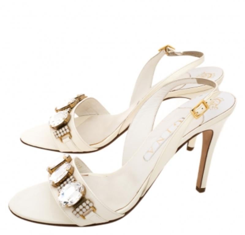 Gina, pelle bianca con cristalli, Sandali Slingback Taglia 41 in vendita 1