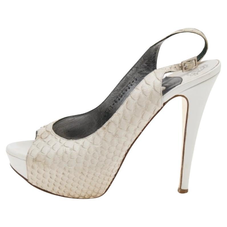 Gina White Python Leather Peep Toe Platform Slingback Sandals Taglia 38
