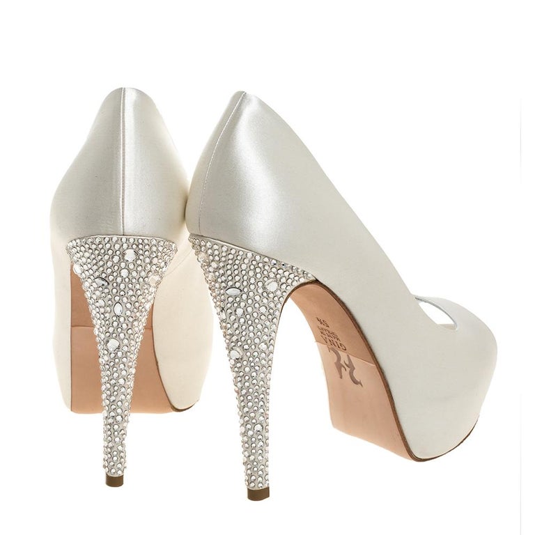 Gina White Satin Jenna Crystal Embellished Heel Peep Toe Pumps Size 38. ...