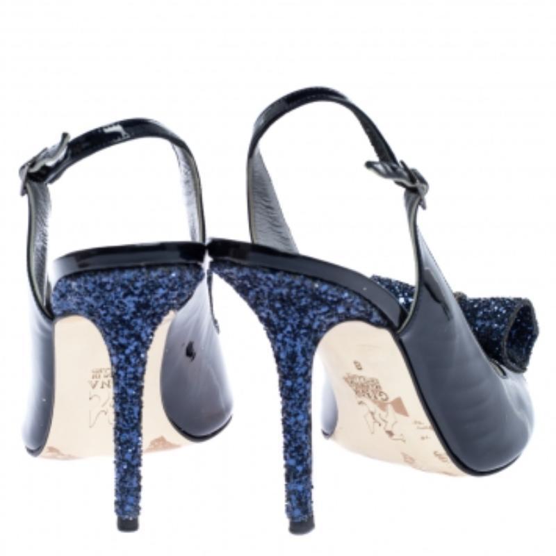 Black Gine Blue Patent Leather And Embellished Slingback Open Toe Sandals Size 41 For Sale