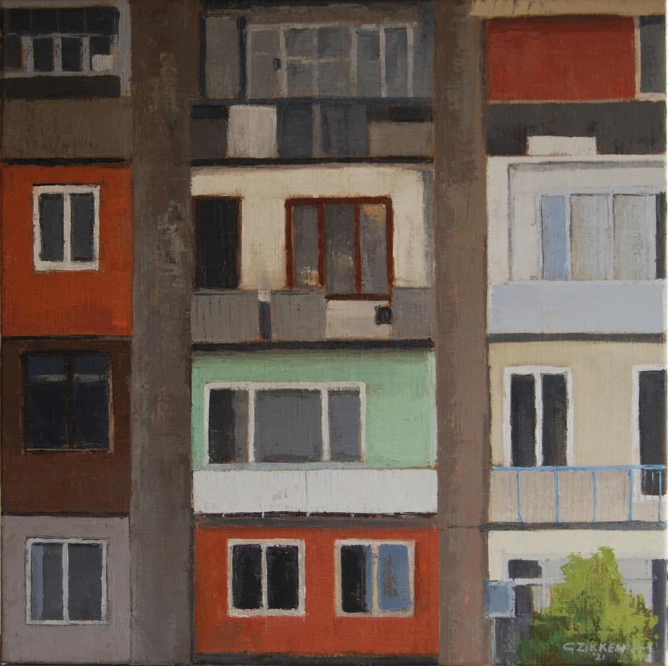 Gineke Zikken Landscape Painting - Apartment Building II -21st Century Contemporary City scape Painting 