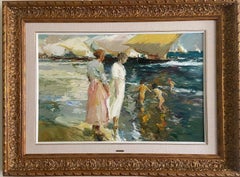 Giner Bueno Jugando en la Playa Painting, Acrylic on Canvas, Framed