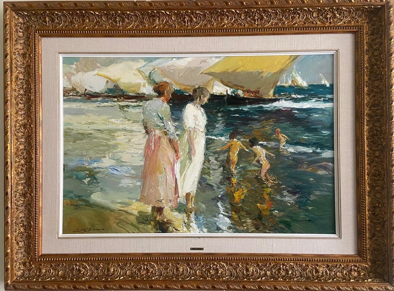 Giner Bueno Jugando en la Playa Painting, Acrylic on Canvas, Framed