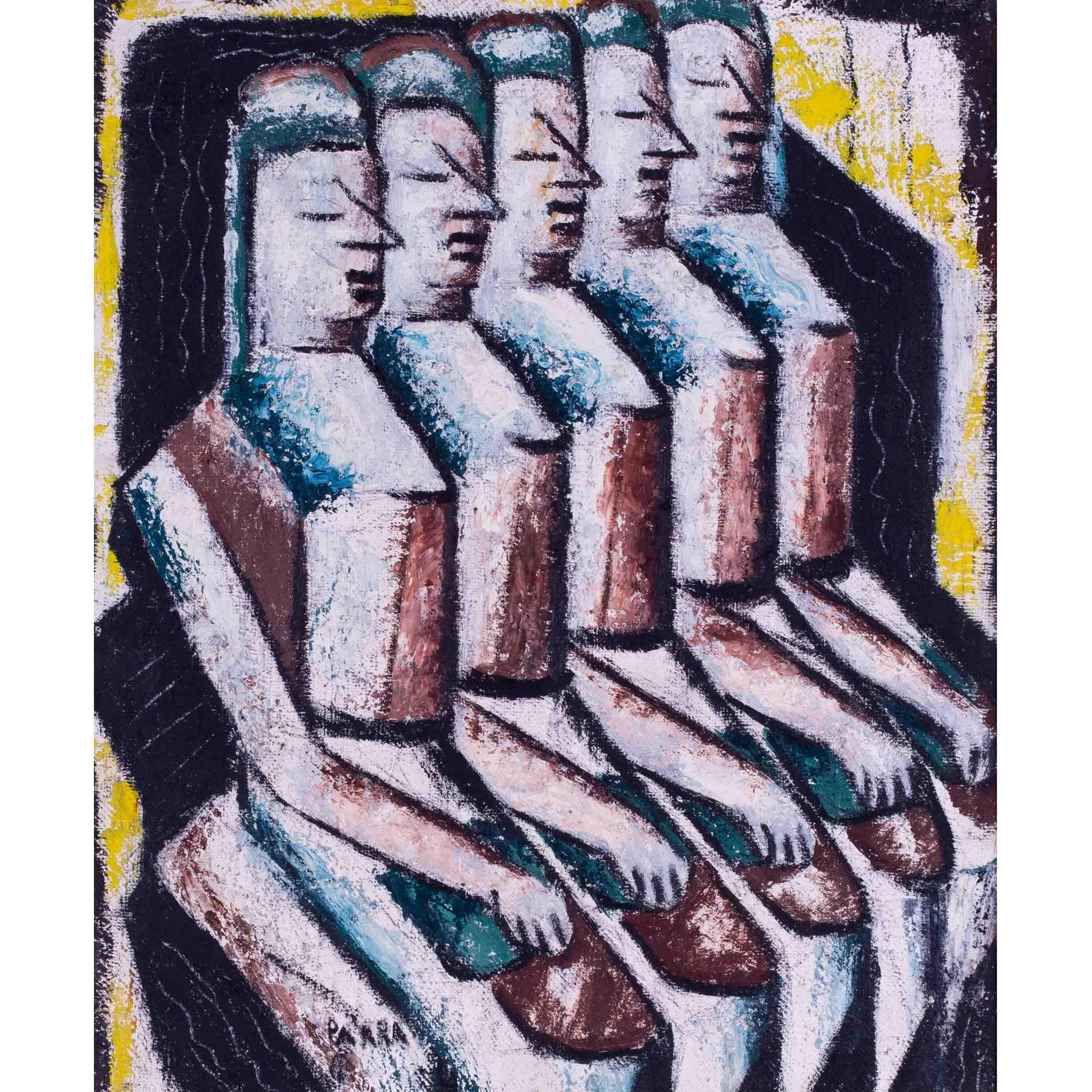1919 Óleo postcubista español de Gines Parra 'Damas', negros, amarillos - Painting de Ginés Parra