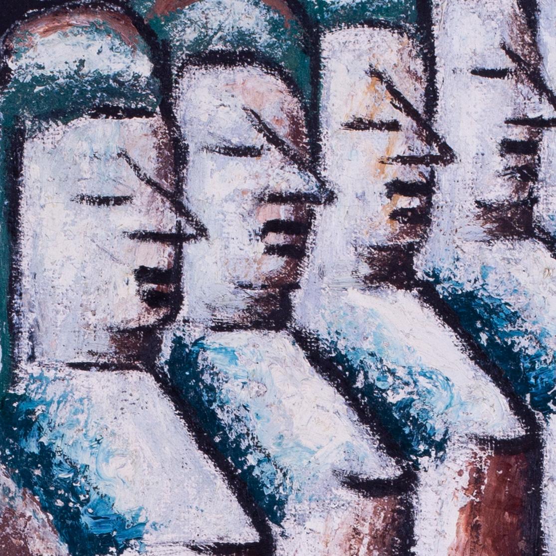 1919 Óleo postcubista español de Gines Parra 'Damas', negros, amarillos - Figurative Painting Gris de Ginés Parra