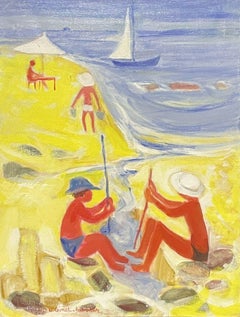 GINET-LASNIER (1927-2020) LARGE FRENCH OIL - MODERNIST FAMILY ON GOLDEN BEACH