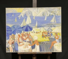 GINET LASNIER (1927-2020) FRENCH OIL - BRIGHT & BUSY BEACH SCENE
