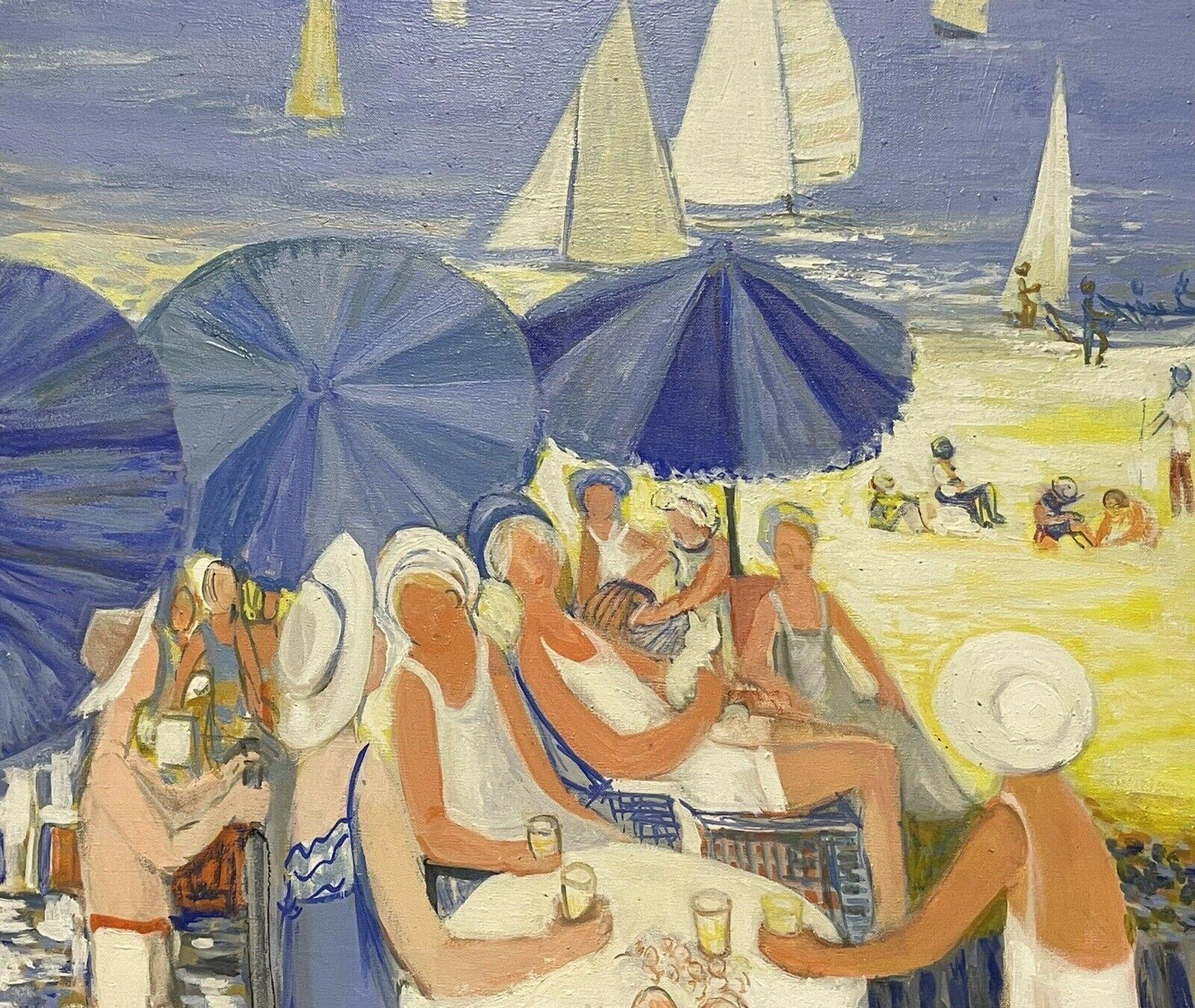 GINET LASNIER (1927-2020) FRENCH OIL - BRIGHT & BUSY BEACH SCENE - Modern Painting by Huguette Ginet-Lasnier 