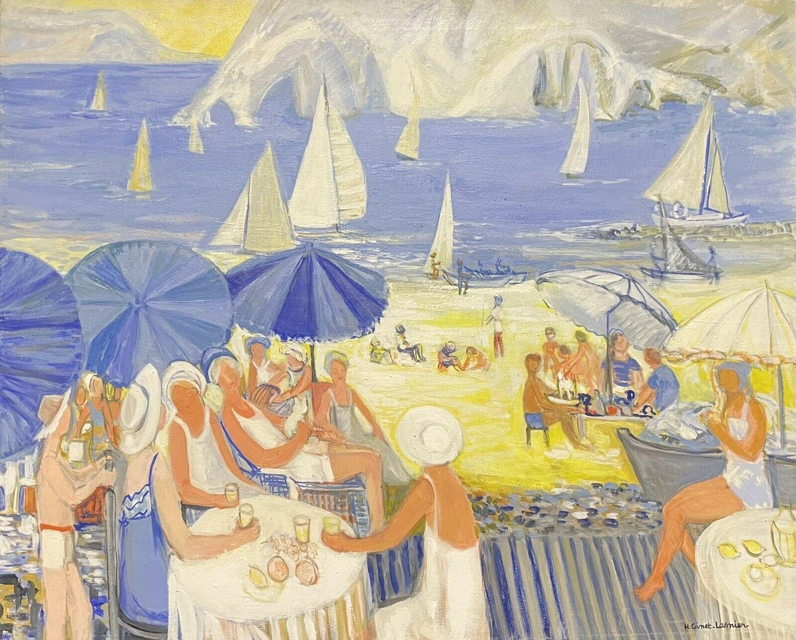 Huguette Ginet-Lasnier  Landscape Painting - GINET LASNIER (1927-2020) FRENCH OIL - BRIGHT & BUSY BEACH SCENE