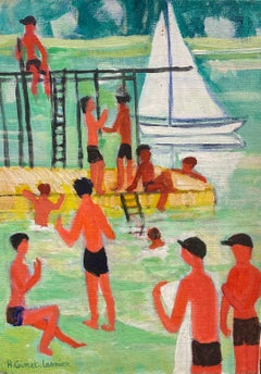 French Modernist Oil - Bathers Playing in Soupy Green River & Sailing Boat