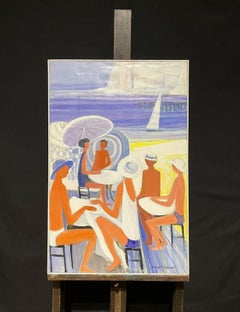 GINET LASNIER (1927-2020) FRENCH OIL - FIGURES AT THE BEACHSIDE