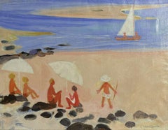  GINET LASNIER (1927-2020) FRENCH OIL - FIGURES SUNBATHING AT THE BEACH
