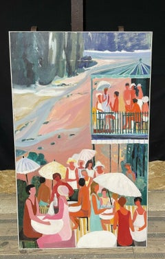 GINET-LASNIER (1927-2020) HUGE FRENCH OIL - MODERNIST FIGURES RIVER CAFE BISTRO