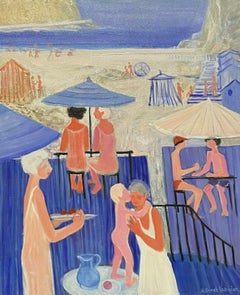  GINET LASNIER (1927-2020) LARGE FRENCH OIL - FIGURES AT THE BEACH BAR