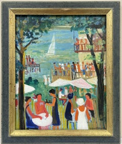 HUGUETTE GINET-LASNIER (1927-2020) FRENCH MODERNIST PAINTING - CROWDED RIVER BAR