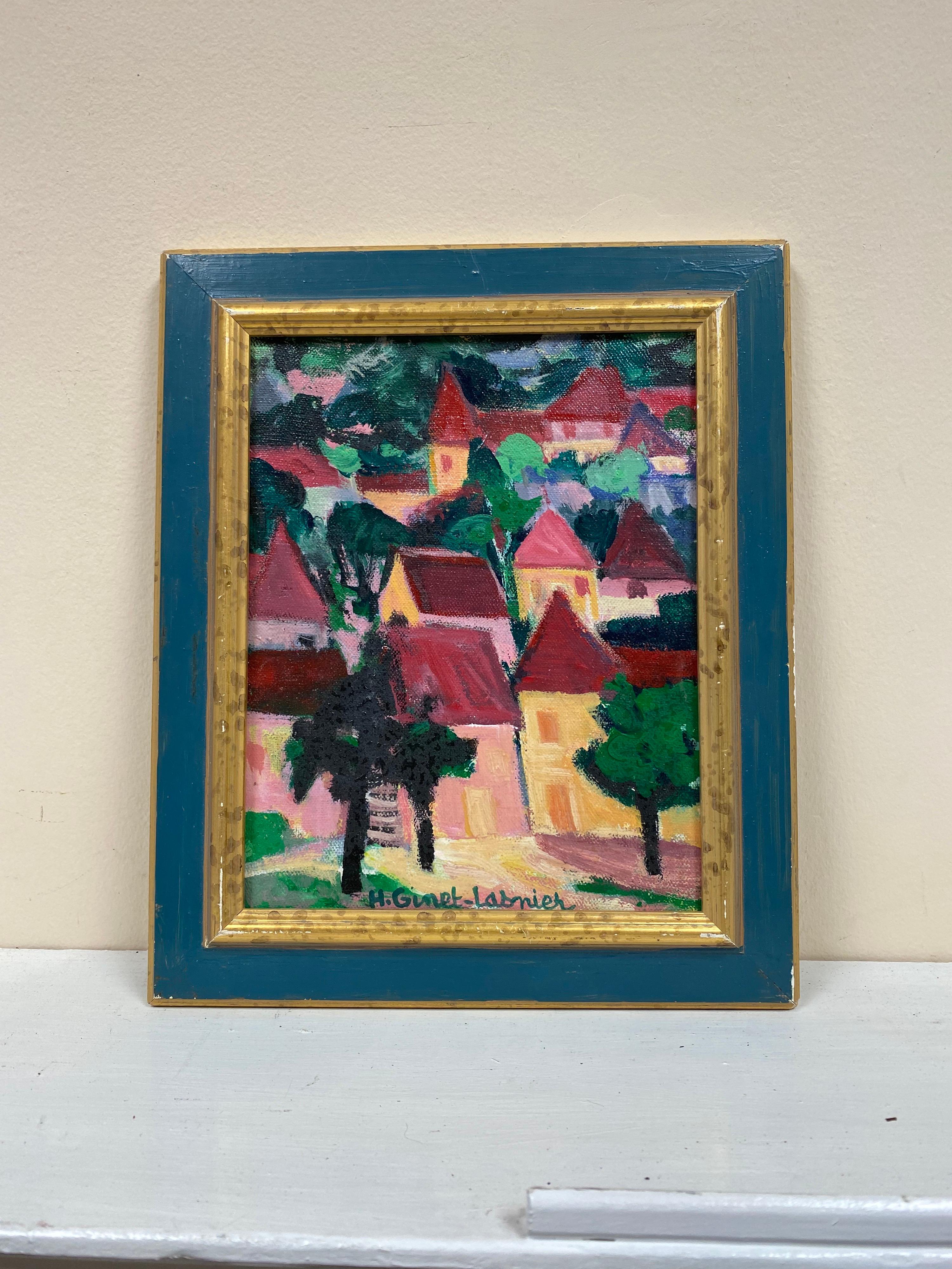 Vintage French Post-Impressionist Signed Oil - Bright and Colourful Town Scene - Painting by Huguette Ginet-Lasnier 