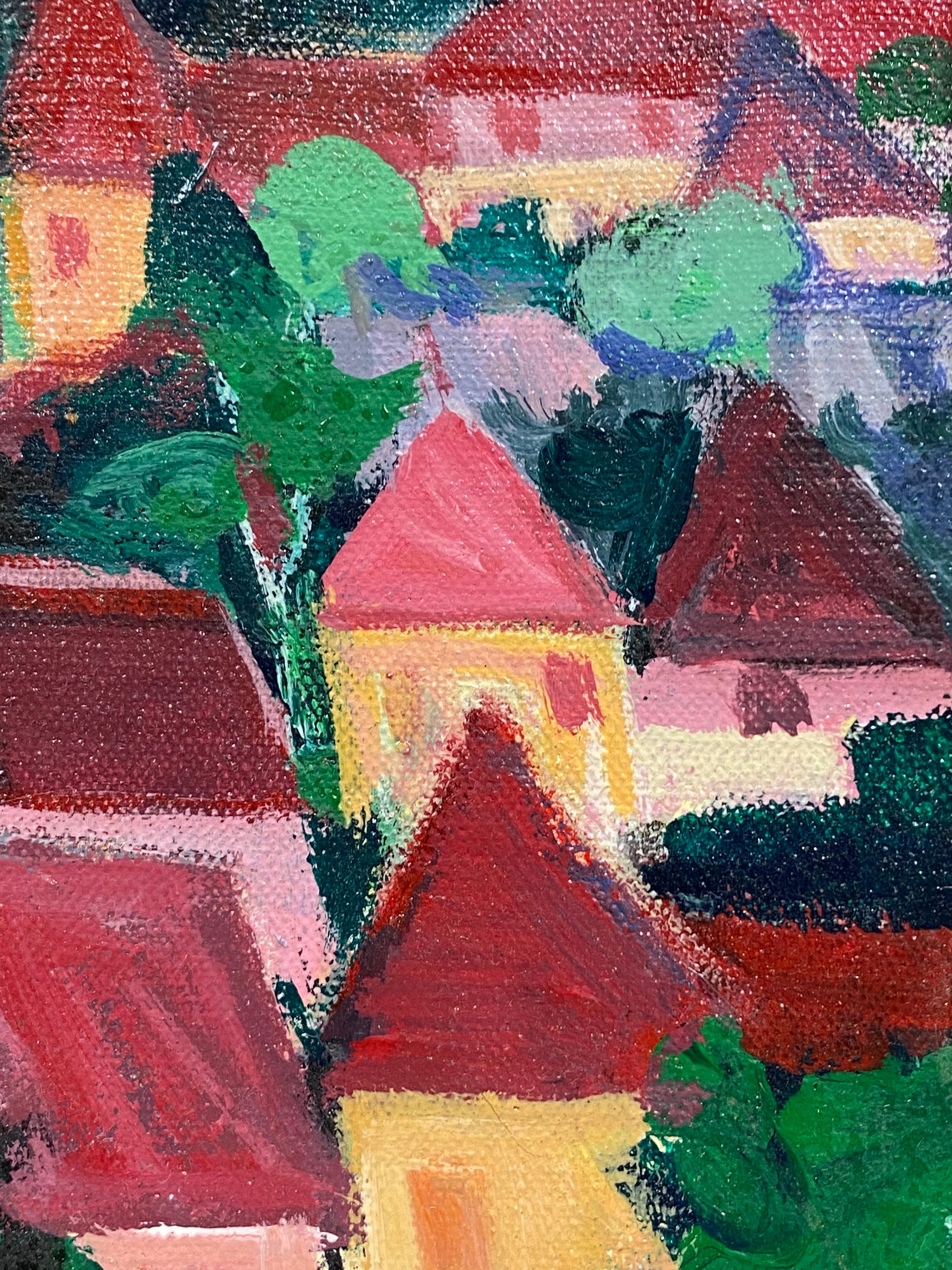 Vintage French Post-Impressionist Signed Oil - Bright and Colourful Town Scene - Black Landscape Painting by Huguette Ginet-Lasnier 