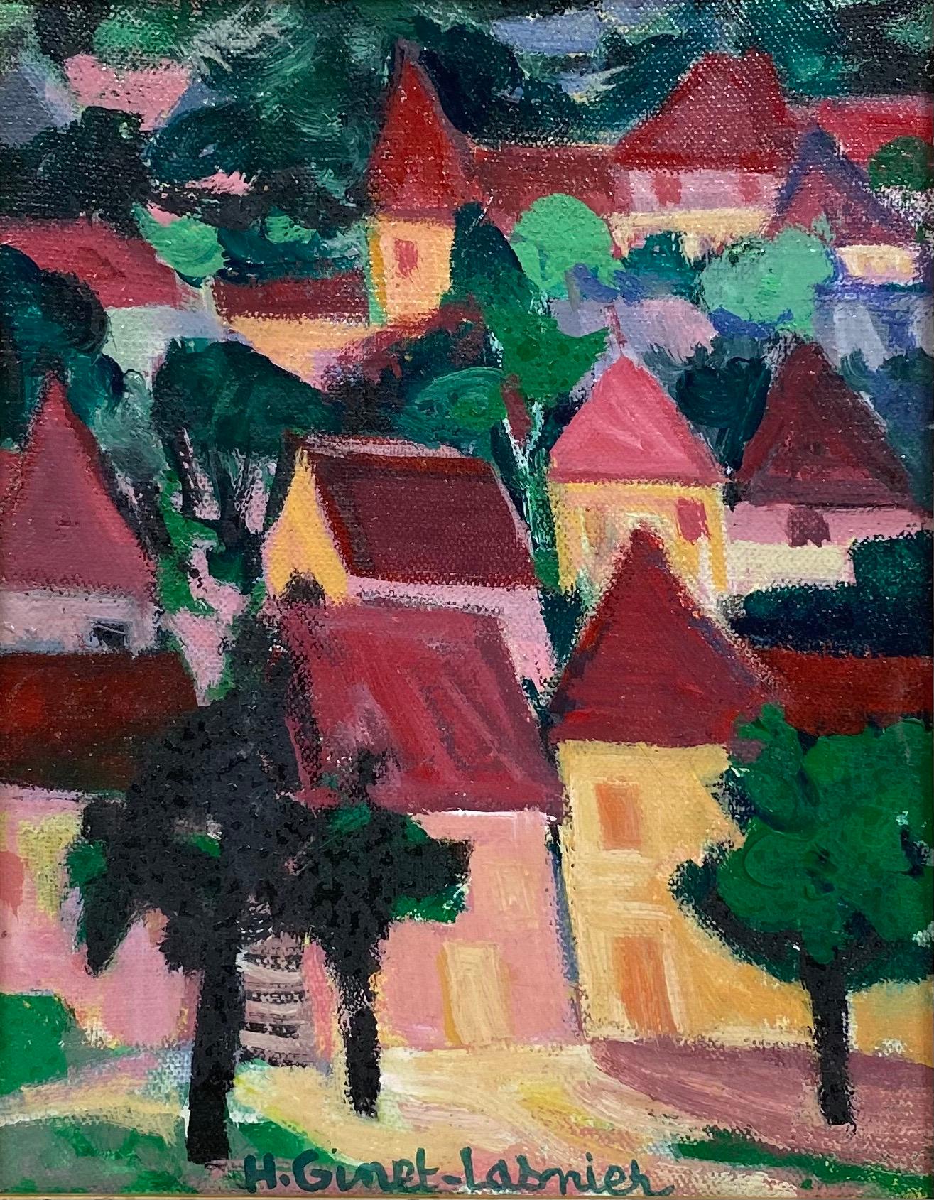 Huguette Ginet-Lasnier  Landscape Painting - Vintage French Post-Impressionist Signed Oil - Bright and Colourful Town Scene