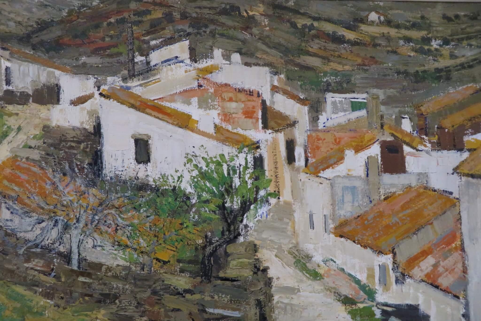 Large post impressionist Framed Mid Century OIL PAINTING Cadaques Spain  - Impressionist Painting by Ginette Rapp 