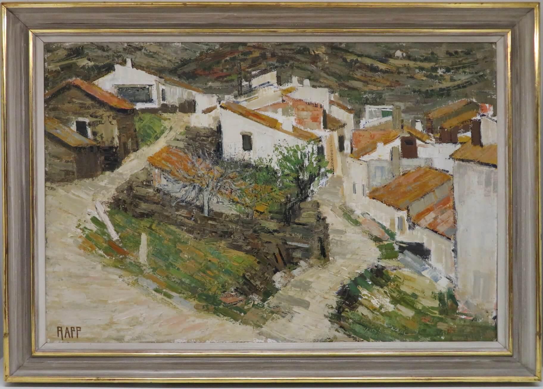Ginette Rapp  Landscape Painting - Large post impressionist Framed Mid Century OIL PAINTING Cadaques Spain 