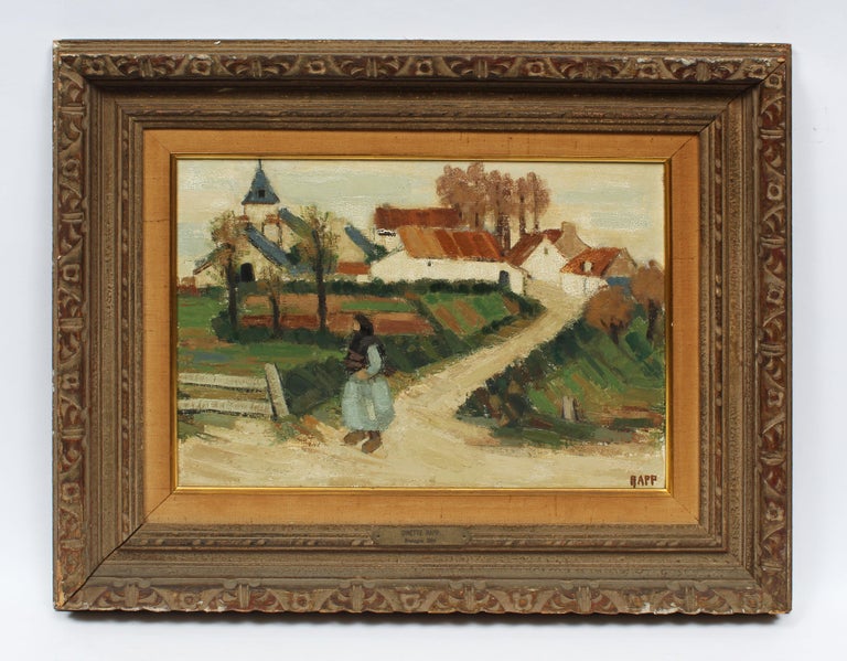 Antique French Impressionist Countryside Village Landscape Signed Oil Painting - Brown Landscape Painting by Ginette Rapp